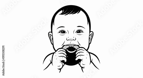 Black and white line art of a baby's head chewing on a black ring