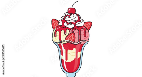 Delicious Strawberry Ice Cream Sundae with Whipped Cream and Cherry Topping.