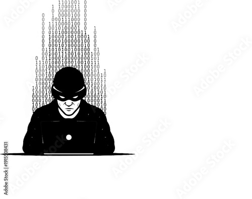 Anonymous hacker at laptop with binary code falling