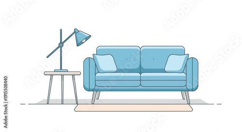 Modern light blue sofa with minimalist side table and desk lamp.