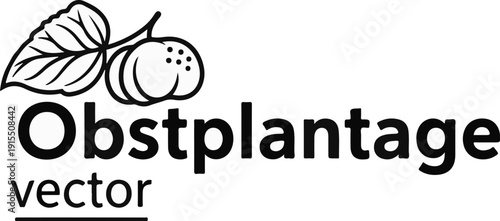 Black and white vector illustration of a fruit with leaves, with text