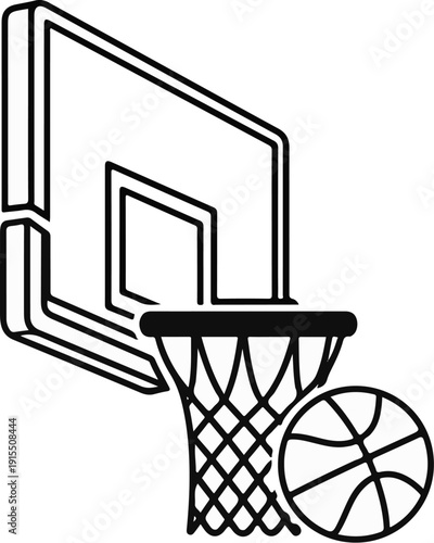 Black and white line art illustration of a basketball and hoop