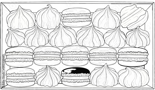 Assortment of sweet pastries, including macarons and meringues, beautifully arranged in a gift box