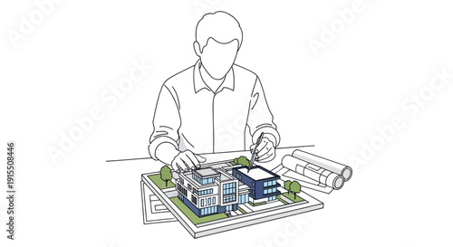 Architect working on a building model with rolled blueprints on the table.