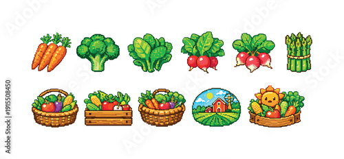 Farm produce flat icon set. Fresh vegetables and garden harvest flat icons collection