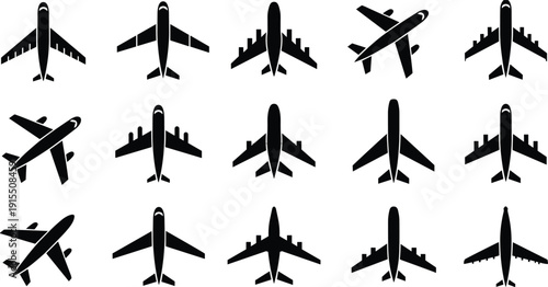 Black vector silhouette set of commercial passenger airplanes and cargo jets for civil aviation travel industry flight transportation and airline branding design