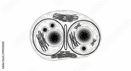 Black and white illustration of a divided cell with internal structures and chromosomes