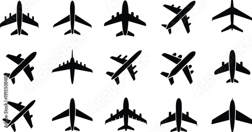Black vector silhouette set of commercial airplanes passenger jets and cargo aircraft for civil aviation travel industry flight transportation and airline branding design