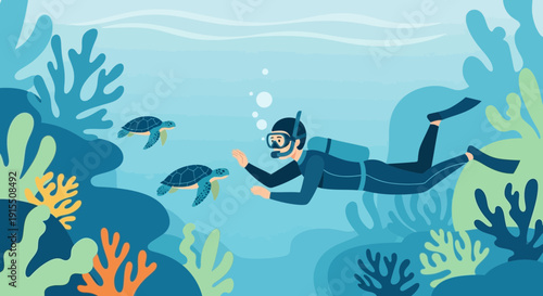 Underwater Adventure With Sea Turtles And Scuba Diver