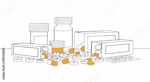 Assortment of medicine bottles, pill boxes, and scattered pills on a surface