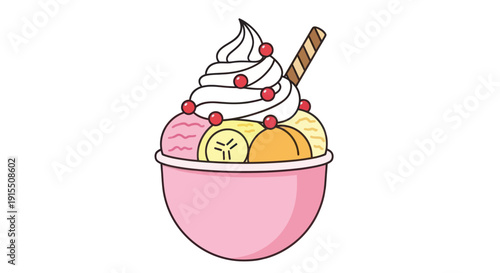 Delicious Pink Ice Cream Sundae with Fruit and Wafer.