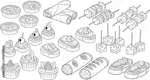 Assortment of party appetizers tarts, spring rolls, skewers, cupcakes, canapés, cheese