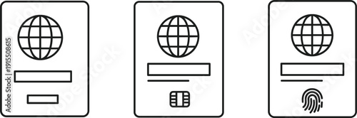 Digital passport identification card vector set with biometric fingerprint chip and global travel identity verification concept