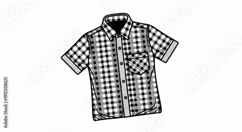 Black and white gingham pattern short-sleeved collared shirt