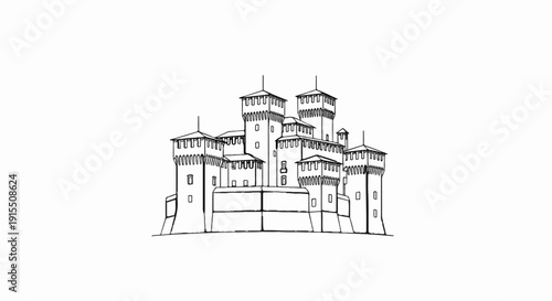 Architectural drawing of a grand castle with multiple towers and battlements