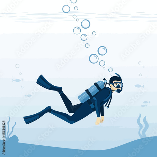 Underwater Exploration A Scuba Diver Explores The Ocean Depths With Bubbles Rising