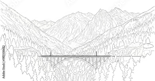 Arch bridge spans forested mountain valley under snow-capped peaks
