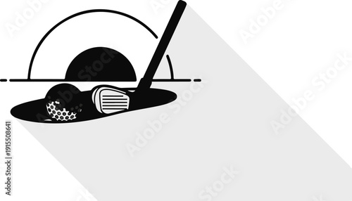 Black and white graphic of a golf ball, club, and tee with a shadow
