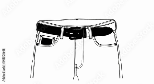 Black belt cinches white denim pants, close-up on pockets and zipper detail