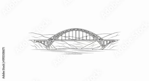Architectural drawing of a steel arch bridge spanning a body of water with hilly terrain