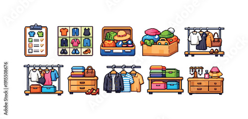 Fashion and wardrobe flat icon set. Clothing, accessories, shoes, and storage icons.