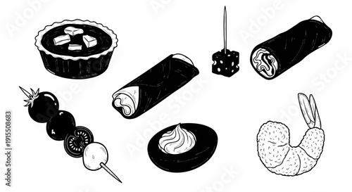 Assortment of hand-drawn appetizers and desserts, including a tart, shrimp, and skewers