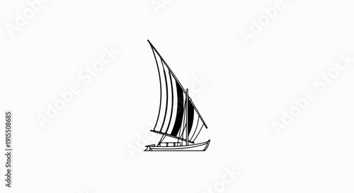 Black and white illustration of a traditional sailboat with striped sails