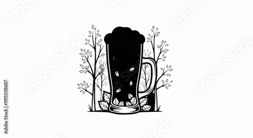 Black beer mug with foamy head surrounded by bare trees and leaves