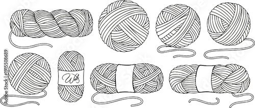 Assortment of illustrated balls and skeins of yarn in various forms