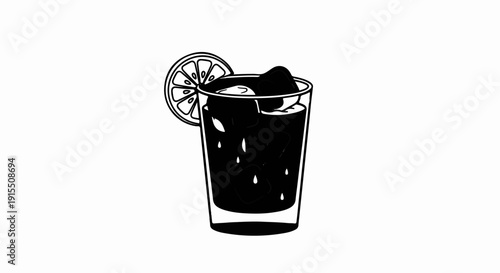 Black beverage with ice and lemon slice in a glass