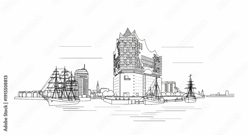 Fototapeta premium Architectural skyline with sailing ships and modern building on water