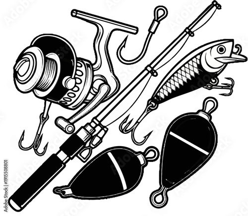 Assortment of fishing gear including a reel, rod, lure, and bobbers
