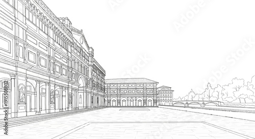 Architectural sketch of a grand plaza with a building and bridge