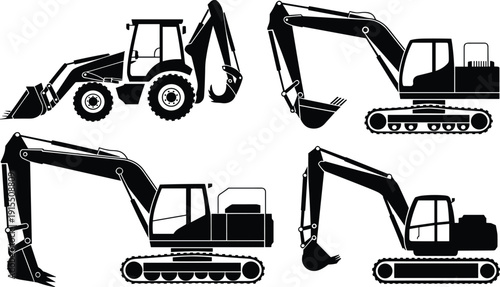 Set of construction excavator and backhoe loader silhouettes, heavy machinery equipment for digging and earthmoving, industrial vehicles icons isolated on white background.