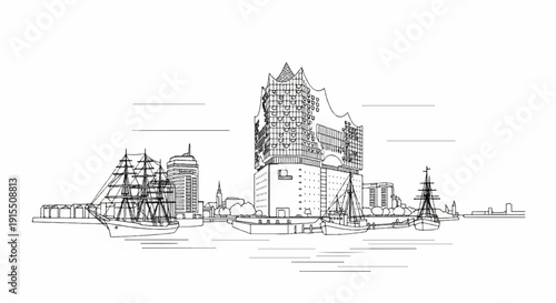 Architectural skyline with sailing ships and modern building on water