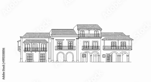 Architectural sketch of a row of residential buildings with balconies and tiled roofs
