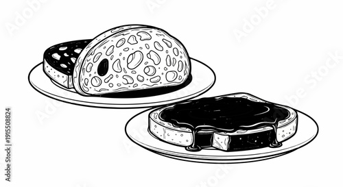 Black and white illustration of two slices of bread on plates. One is plain, the other has dark spread