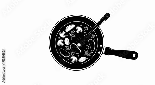 Black and white illustration of a frying pan with food and a spoon