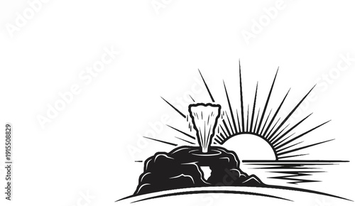 Black and white illustration of a geyser erupting from an island at sunrise