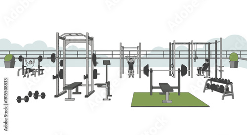 Outdoor Gym Equipment Illustration with Various Fitness Machines.