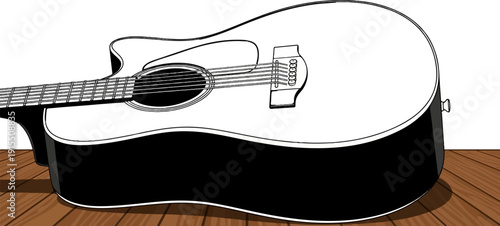Black and white acoustic guitar with cutaway on wooden surface