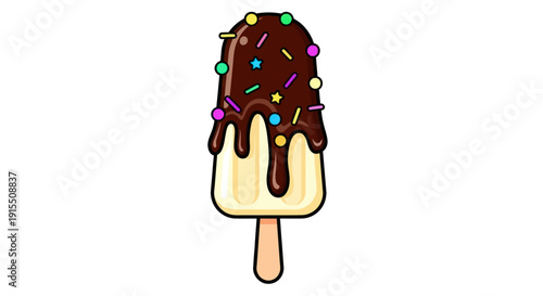 Cartoon Ice Cream Bar with Chocolate Drizzle and Colorful Sprinkles.