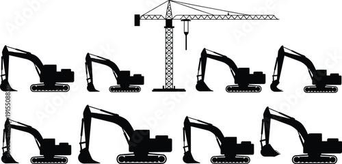 Set of construction excavator silhouettes with tower crane, heavy machinery collection for building site, industrial equipment icons isolated on white background illustration.