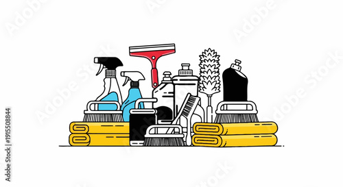 Assortment of cleaning supplies and towels displayed in a neat arrangement