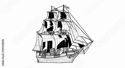 Black and white illustration of a tall ship sailing with full sails
