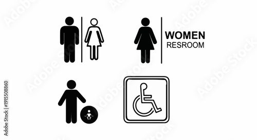 Black and white icons for restroom access and gender identification