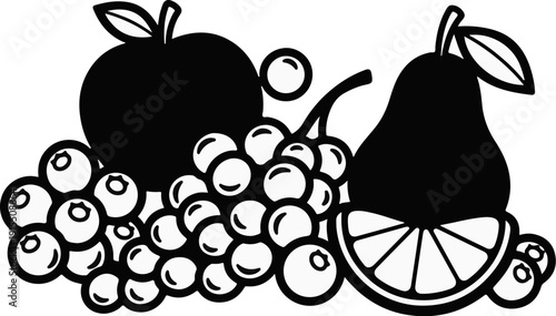Assortment of black and white fruit illustrations, including apple, pear, grapes, and berries