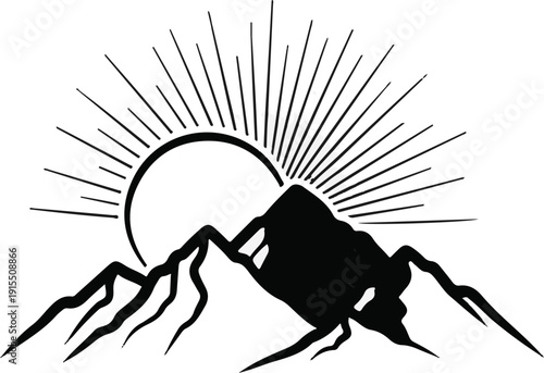 Black and white graphic of sun rising over jagged mountains