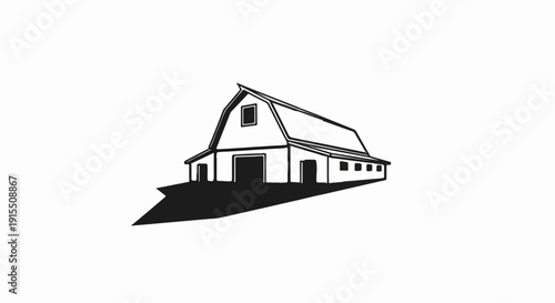 Black and white illustration of a barn with a gambrel roof and large entrance
