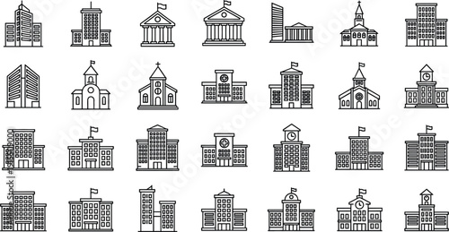 Government and public building icon collection vector set with courthouse school hospital and municipal architecture symbols